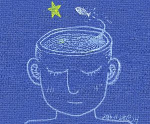 Line drawing of a head that is now a fish-bowl with a fish jumping out at a star