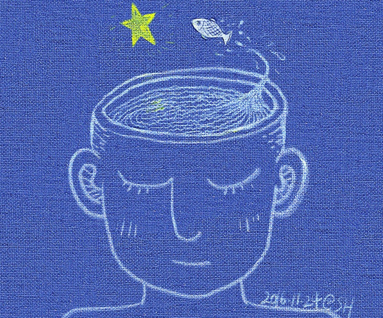 Line drawing of a head that is now a fish-bowl with a fish jumping out at a star